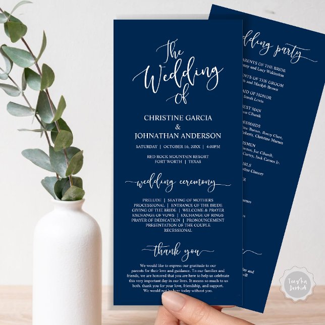 Modern Elegant Script, Wedding Ceremony Program (Wedding Program Ceremony Card, Modern Romantic Script, Navy Blue)