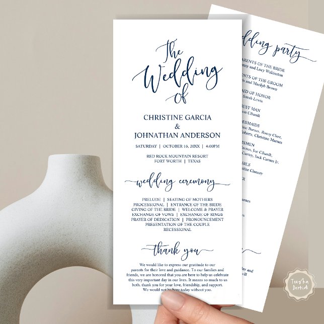 Modern Elegant Script, Wedding Ceremony Program (Wedding Program Ceremony Card, Modern Romantic Script, Navy Blue)