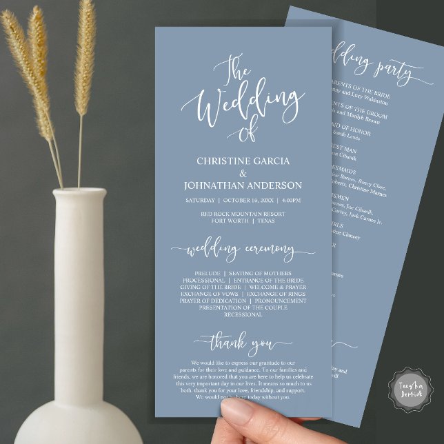Modern Elegant Script, Wedding Ceremony Program (Wedding Program Ceremony Card, Modern Romantic Script, Dusty Blue)