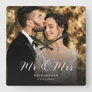 Modern Elegant Script Wedding Photo Newlywed Chic Square Wall Clock