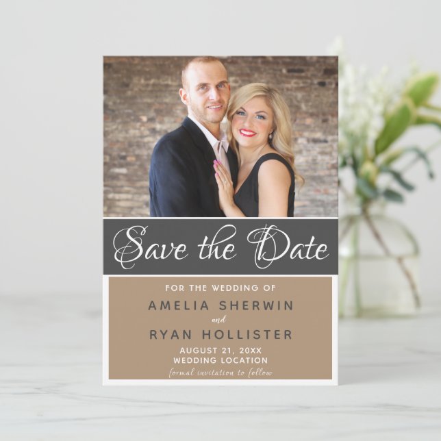 Modern Elegant Script Wedding Photo Save The Date (Standing Front)