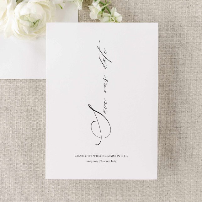 Modern Elegant Script Wedding Save Date Invitation (elegant calligraphy wedding save the date invitation, simple unique save our date announcement)