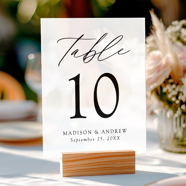 Modern Elegant Script Wedding Table Number Acrylic Sign (Please note: The wooden stand does not come with the sign. Zazzle sells a wood block stand.)
