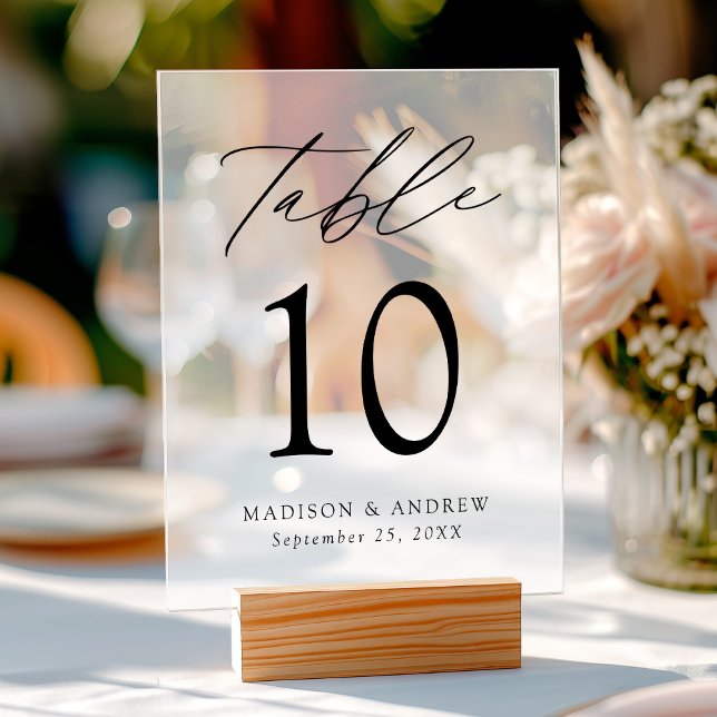 Modern Elegant Script Wedding Table Number Frosted Acrylic Sign (Please note: The wooden stand does not come with the sign. Zazzle sells a wood block stand.)