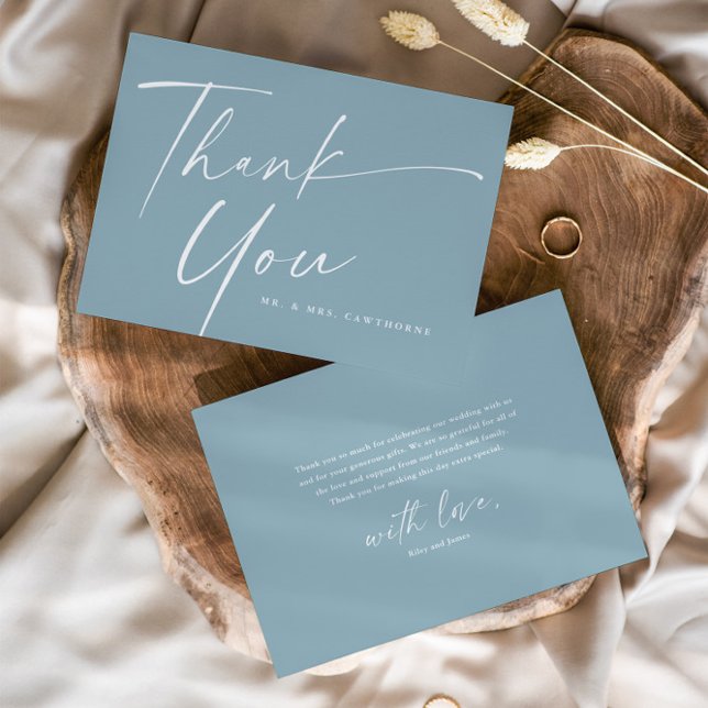 Modern Elegant Script Wedding  Thank You Card (Simple Modern handwritten Script Dusty Blue Wedding Thank You Card.)