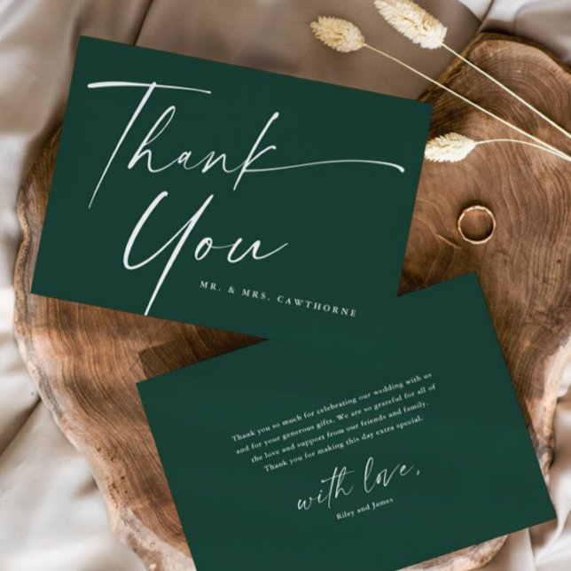 Modern Elegant Script Wedding  Thank You Card (Simple Modern handwritten Script Dark Forest Green Wedding Thank You Card.)