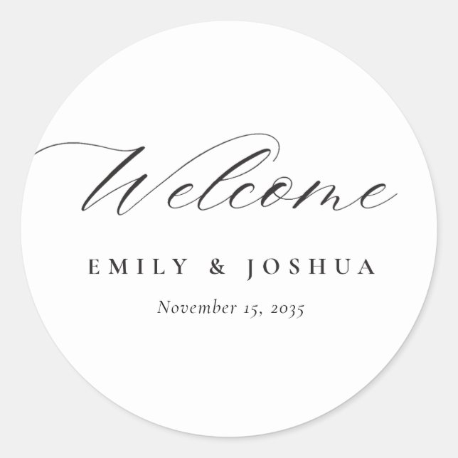 Modern Elegant Script Wedding Welcome Classic Round Sticker (Front)