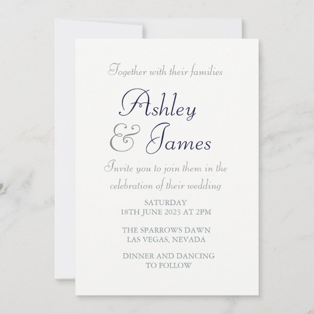 Modern Elegant Script White Blue Simple Wedding Invitation (Front)