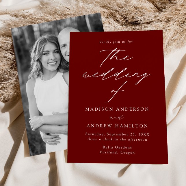 Modern Elegant Script Wine Red Photo Wedding Invitation (Creator Uploaded)