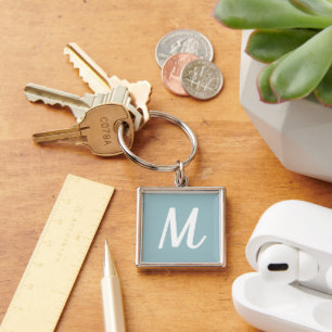 Modern Elegant Sea Foam Green and White Monogram Key Ring