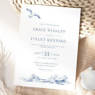 Modern Elegant Seaside Coastal Blue Wedding Invitation