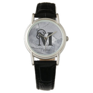 Modern Elegant Silver and Black Monogram Name Watch