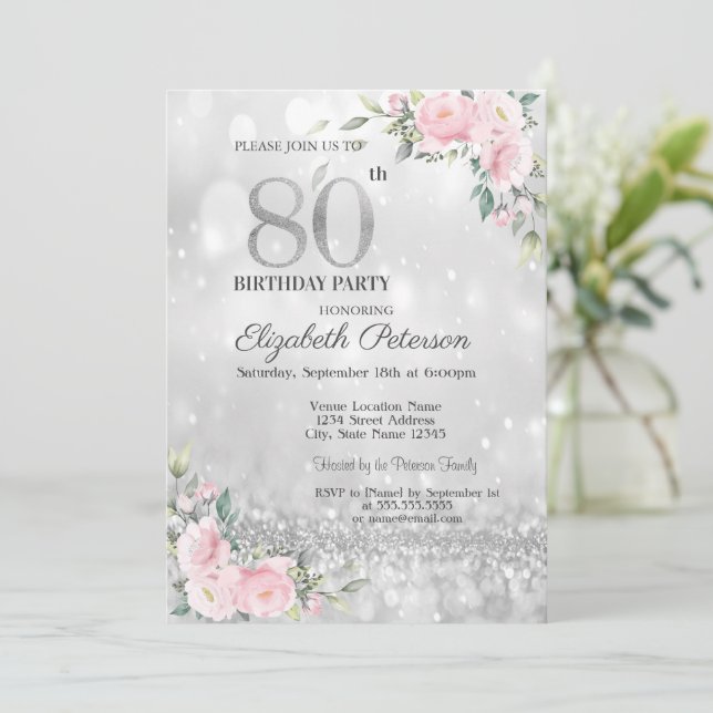 Modern Elegant Silver Bokeh Floral 80th Birthday Invitation (Standing Front)
