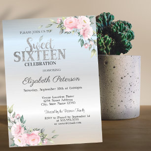 Modern Elegant Silver Bokeh Floral  Sweet 16  Invitation