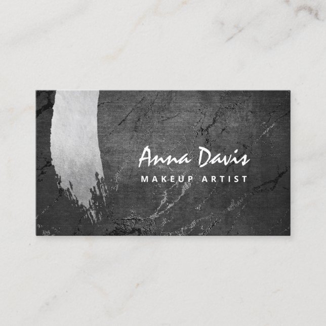 Modern elegant silver brushstroke makeup & hair business card (Front)