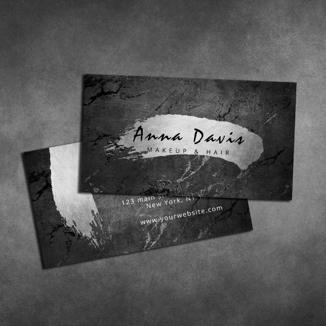 Modern elegant silver brushstroke makeup & hair business card (Creator Uploaded)