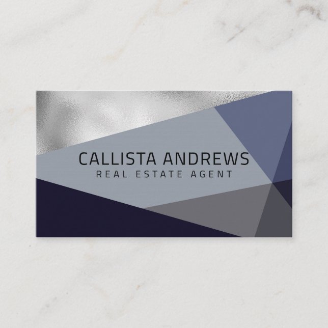Modern Elegant Silver Dusty Navy Blue Geometric Business Card (Front)