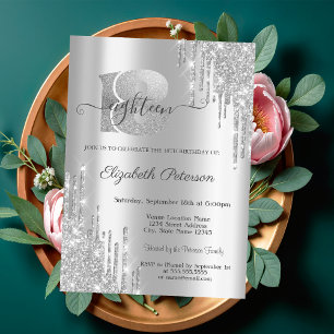 Modern Elegant Silver Glitter Drips 18th Birthday Invitation