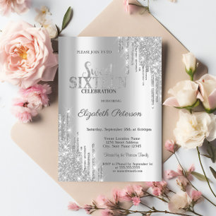 Modern Elegant Silver Glitter Drips Sweet 16 Invitation
