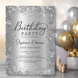 Modern Elegant Silver Glitter Metal 10th Birthday Invitation