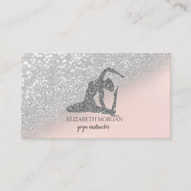 Modern Elegant Silver Glitter Yoga Girl Bokeh  Business Card (Front)