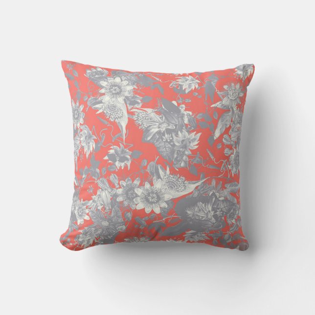 Modern Elegant Silver Gray Coral Passion Flowers Cushion (Front)