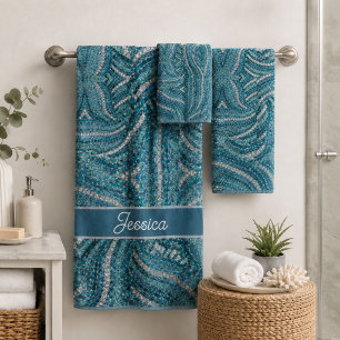 Modern Elegant Silver Grey Turquoise Blue Swirl Bath Towel Set