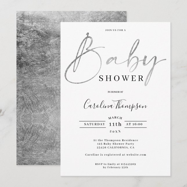 Modern elegant silver script font baby shower invitation (Front/Back)