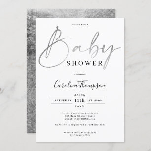 Modern elegant silver script font baby shower invitation