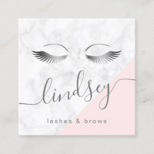Modern elegant silver white marble pink lashes square business card