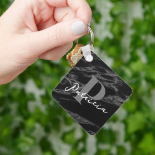 Modern Elegant Simpel Name   Initial Marble Black  Key Ring