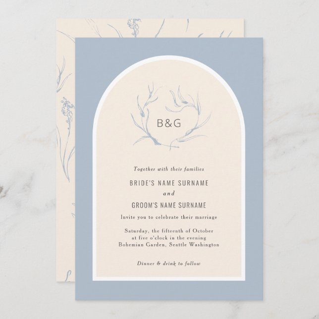 Modern Elegant Simple Arch Dusty Blue Wedding Invitation (Front/Back)