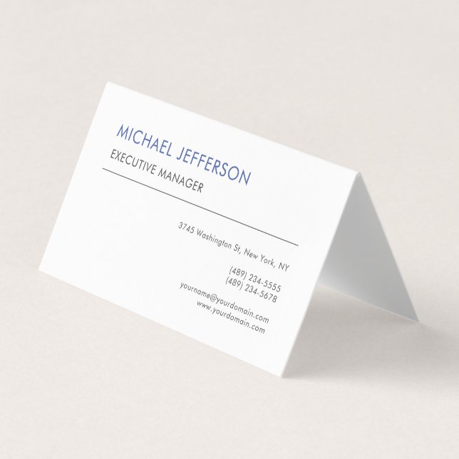 Modern Elegant Simple Blue White Business Card (Front)