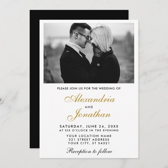 Modern Elegant Simple Couple Photo Wedding Gold BW Invitation (Front/Back)