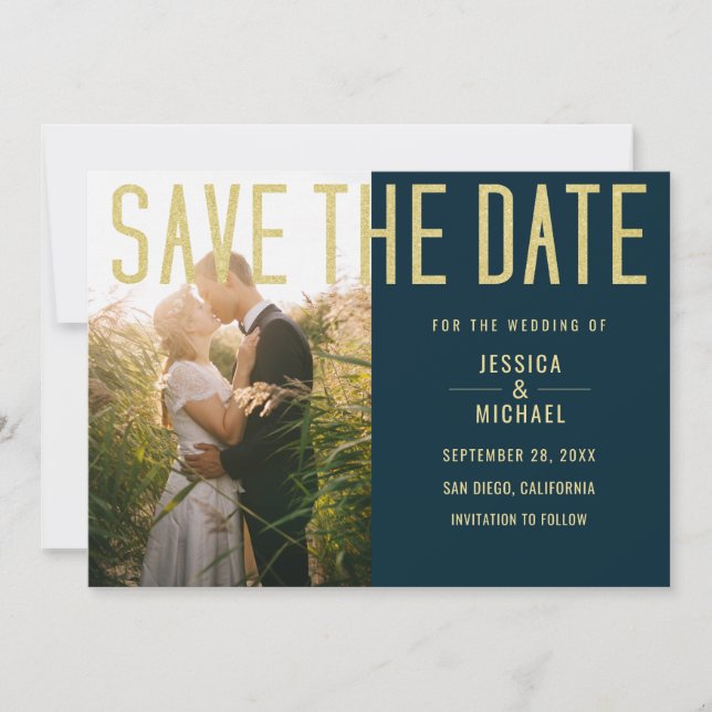 Modern Elegant Simple Deep Blue Photo Wedding Save The Date (Front)