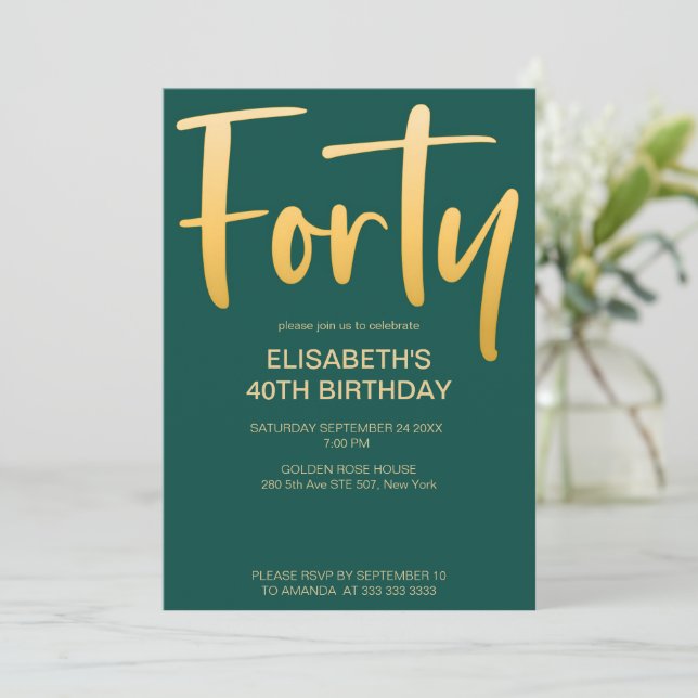 Modern Elegant Simple Green 40th Birthday Party Invitation (Standing Front)