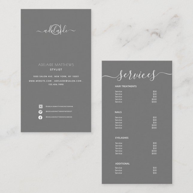 Modern Elegant Simple Grey Spa Salon Service Menu Business Card (Front/Back)