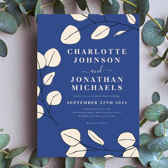 Modern Elegant Simple Leaves Blue  Invitation (Simple eucalyptus leaves modern stylish blue wedding invitation )