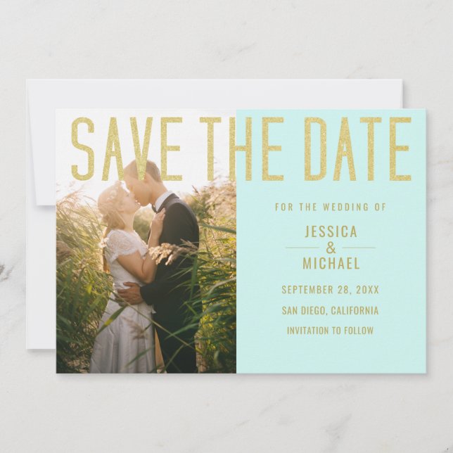 Modern Elegant Simple Mint Turquoise Photo Wedding Save The Date (Front)