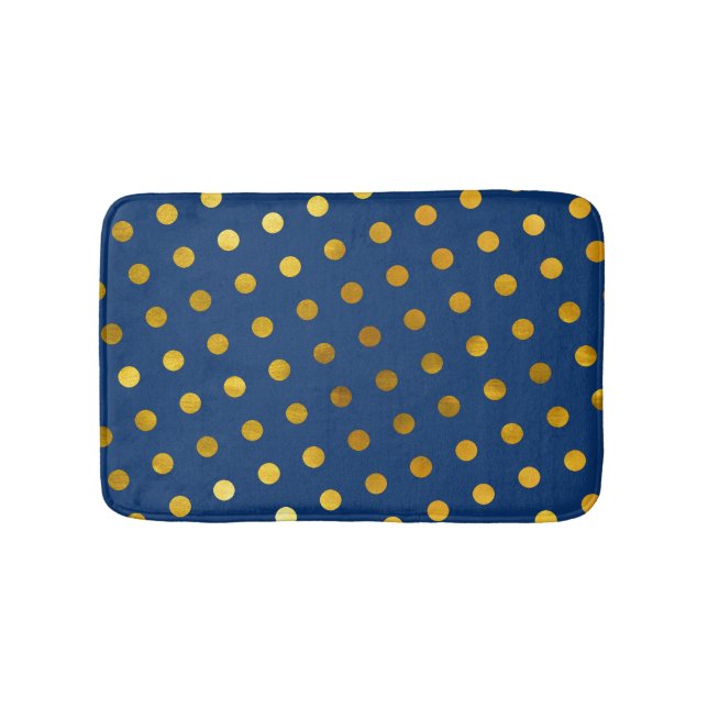  Modern Elegant Simple Navy Blue & Gold Polka Dots Bath Mat (Front)
