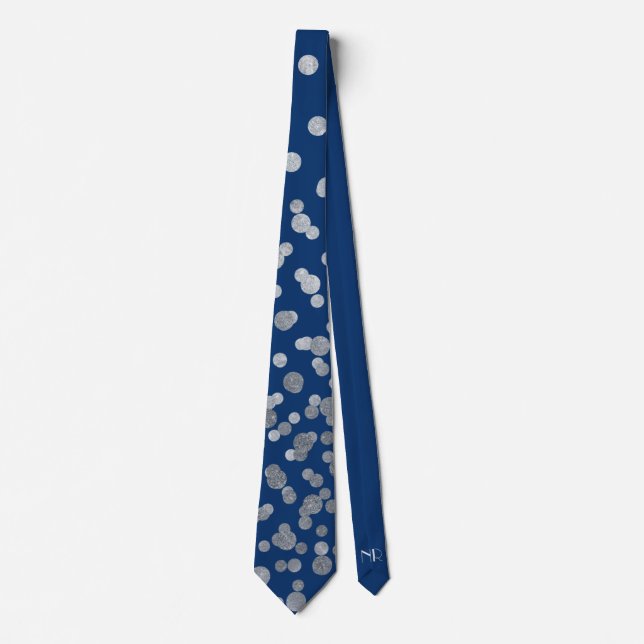  Modern Elegant Simple Navy Blue Silver Polka Dots Tie (Front)