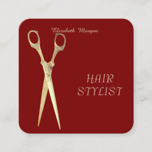 Modern Elegant Simple Plain,Gold Scissors Red Square Business Card