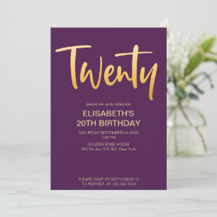 Modern Elegant Simple Purple 20 Birthday Party Invitation