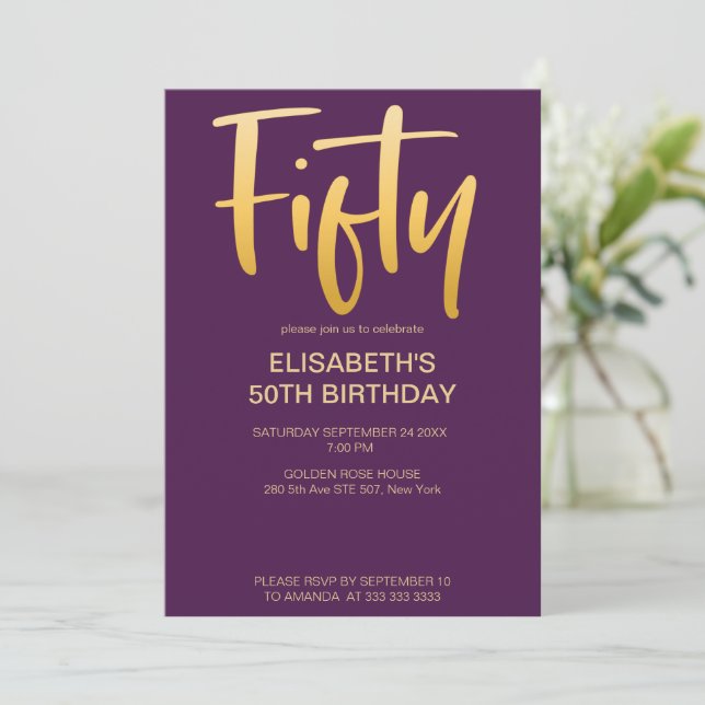 Modern Elegant Simple Purple 50th Birthday Party Invitation (Standing Front)