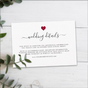 Modern Elegant Simple Red Heart Wedding Details Enclosure Card