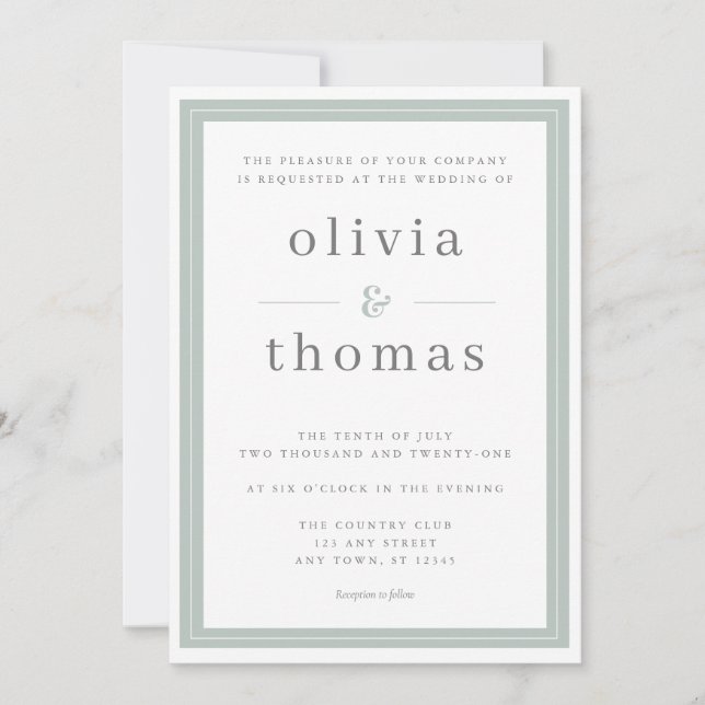 Modern Elegant Simple Sage Green Border Wedding Invitation (Front)