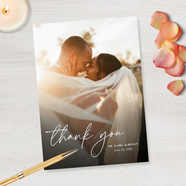Modern Elegant Simple Script 2 Photos Wedding Thank You Card (Creator Uploaded)