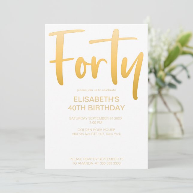 Modern Elegant Simple White 40th Birthday Party Invitation (Standing Front)