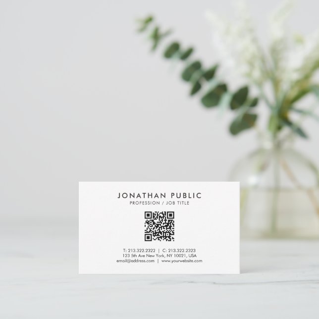 Modern Elegant Simple Your Custom Text QR Code Business Card (Standing Front)