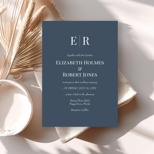 Modern Elegant Slate Blue Monogram Wedding  Invitation (Modern Elegant Slate Blue Monogram Wedding Invitation on neutral boho wedding table.)